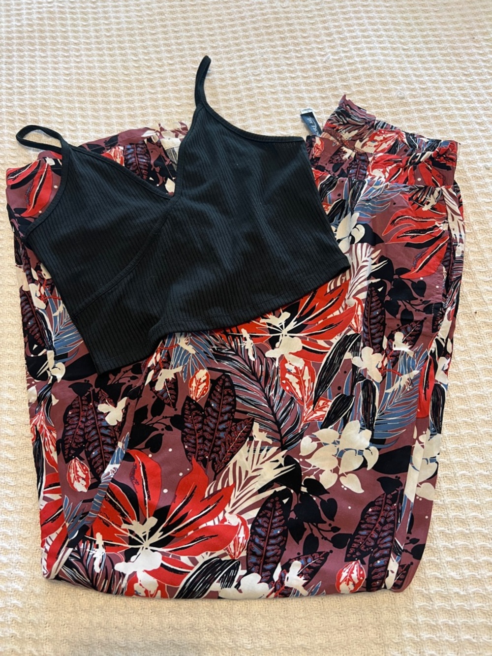 Black Ribbed Cami with Red Floral Wide-Leg Pants Set